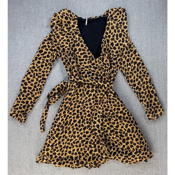 Free People Frenchie Leopard Print Wrap Dress Long Sleeve Ruffle Size XS - Picture 4 of 12